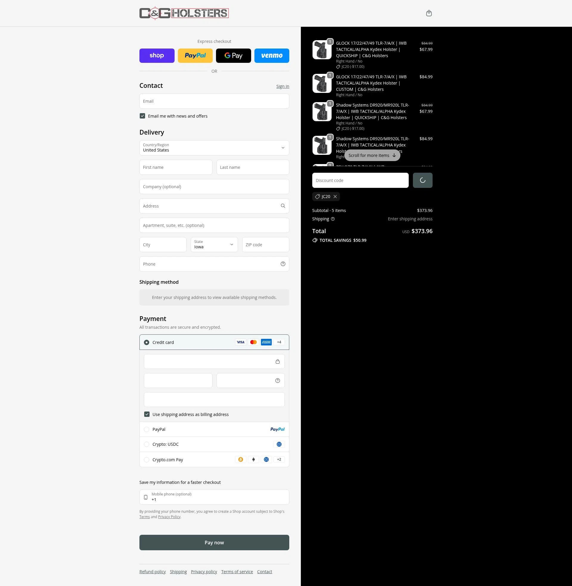C&G Holsters checkout page showing C&G Holsters promo code box | Screenshot taken by SimplyCodes community member on Feb 5, 2026
