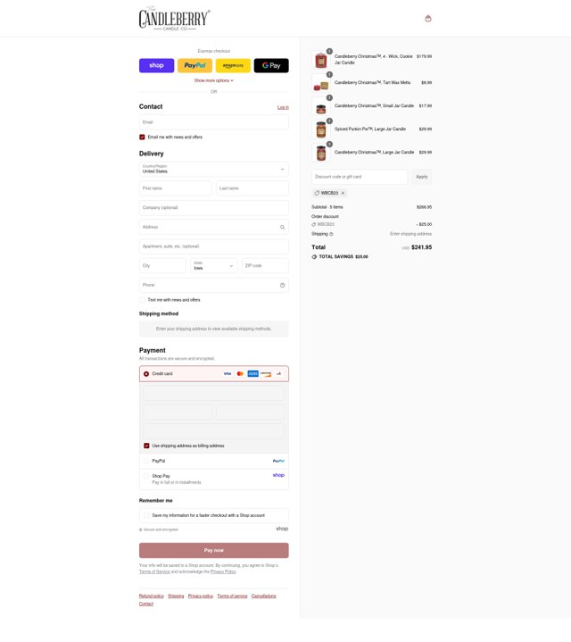 Candleberry checkout page showing Candleberry promo code box | Screenshot taken by SimplyCodes community member on Sep 5, 2025