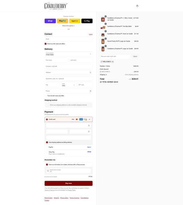Candleberry checkout page showing Candleberry promo code box | Screenshot taken by SimplyCodes community member on Sep 5, 2025