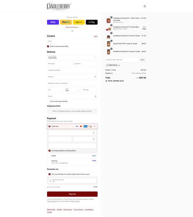 Candleberry checkout page showing Candleberry promo code box | Screenshot taken by SimplyCodes community member on Sep 5, 2025