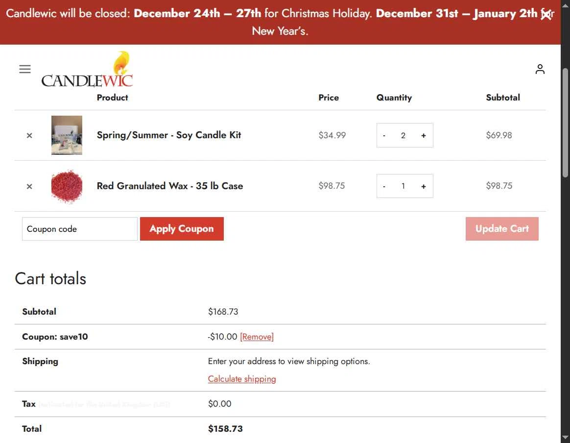 Candlewic checkout page showing Candlewic promo code box | Screenshot taken by SimplyCodes community member on Jan 5, 2026