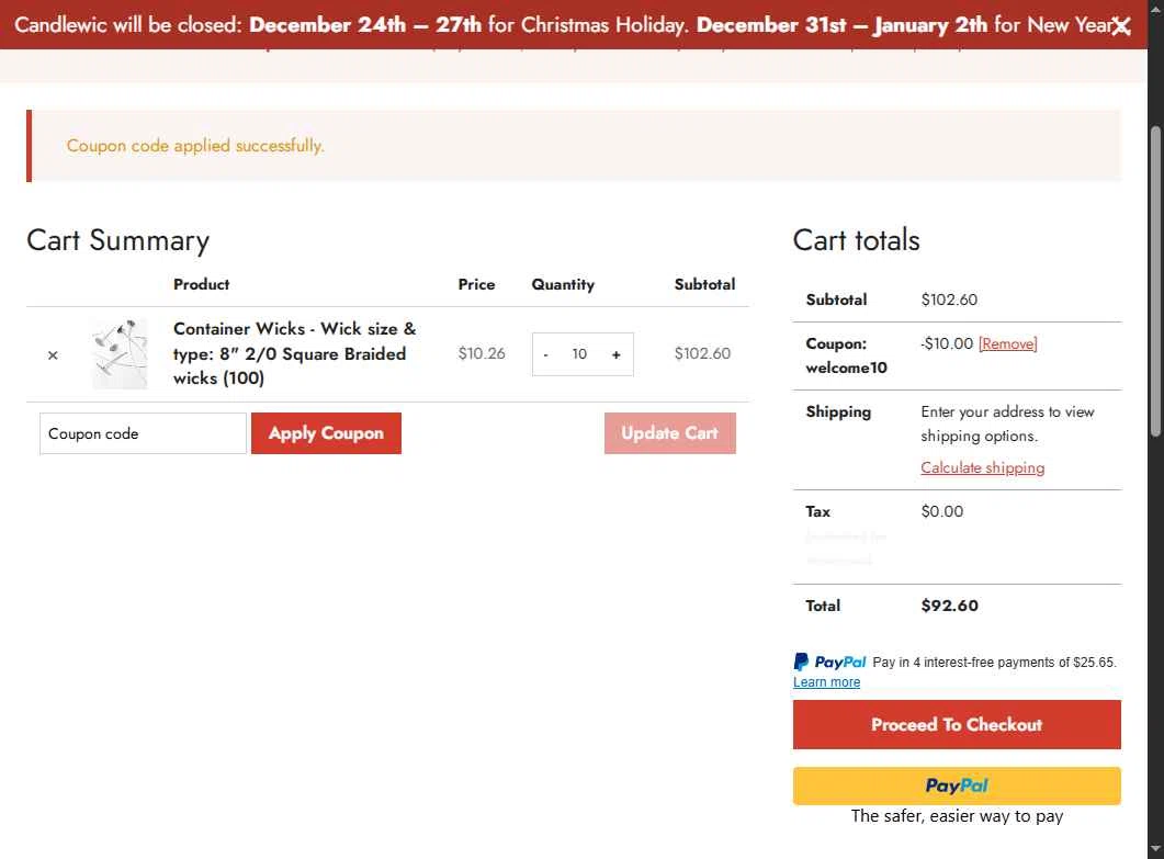 Candlewic checkout page showing Candlewic promo code box | Screenshot taken by SimplyCodes community member on Dec 29, 2025