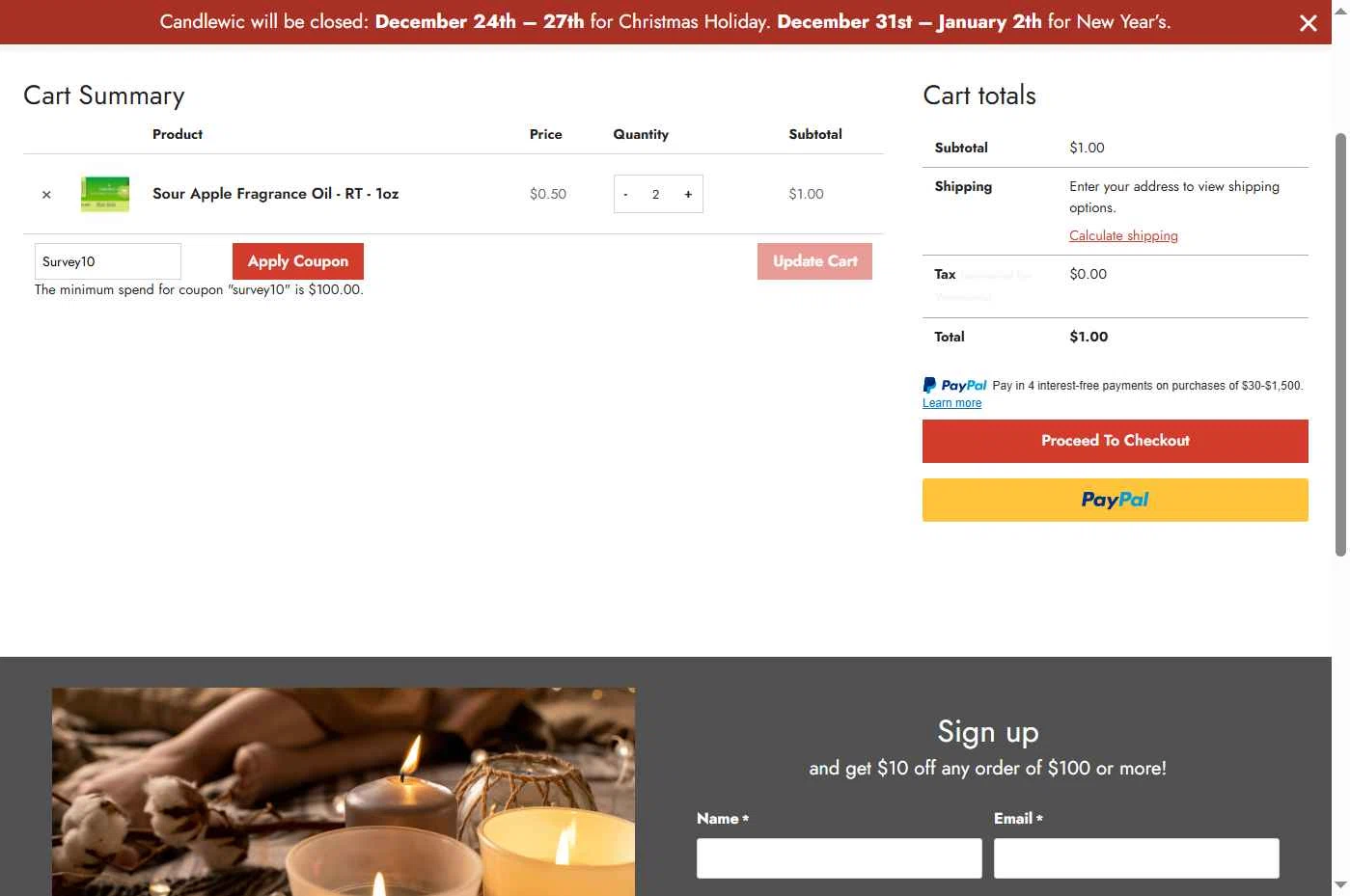 Candlewic checkout page showing Candlewic promo code box | Screenshot taken by SimplyCodes community member on Jan 6, 2026