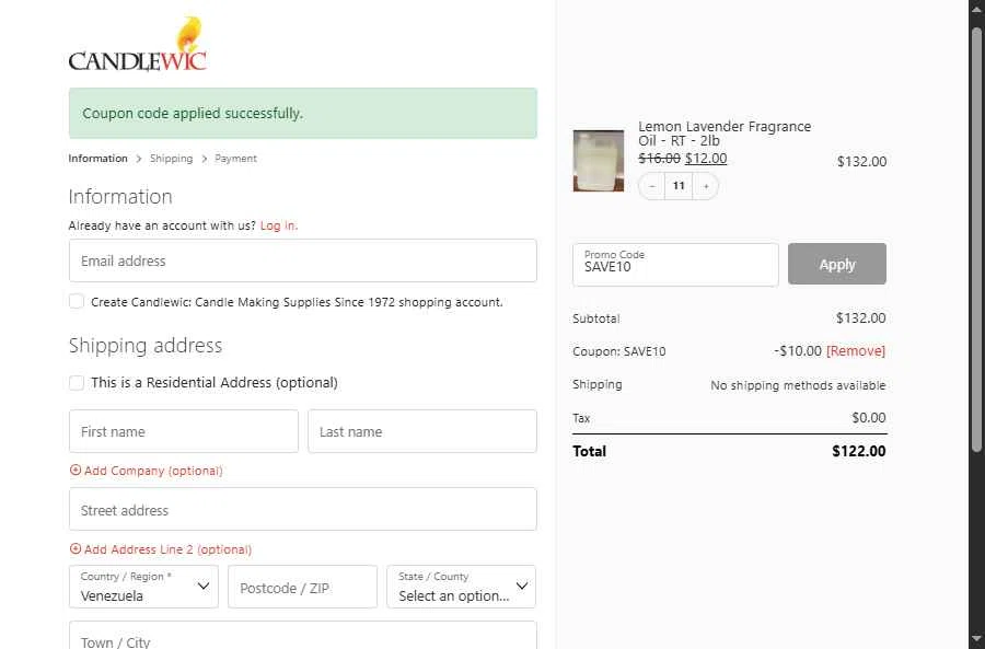 Candlewic checkout page showing Candlewic promo code box | Screenshot taken by SimplyCodes community member on Jul 24, 2025