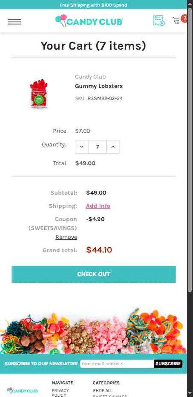 Candy Club checkout page showing Candy Club promo code box | Screenshot taken by SimplyCodes community member on Jul 12, 2025