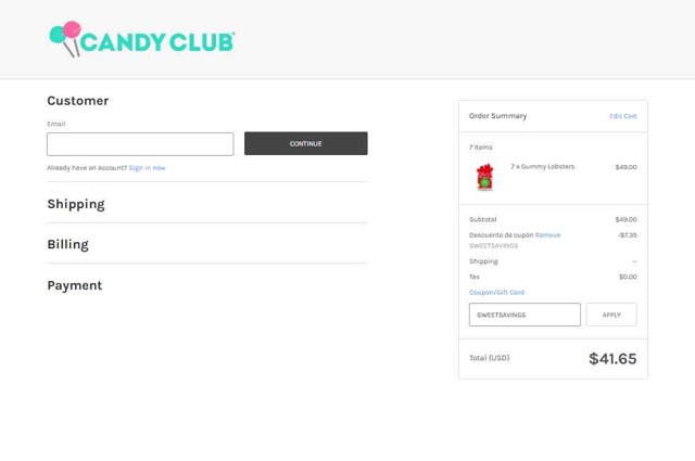 Candy Club checkout page showing Candy Club promo code box | Screenshot taken by SimplyCodes community member on Aug 17, 2025