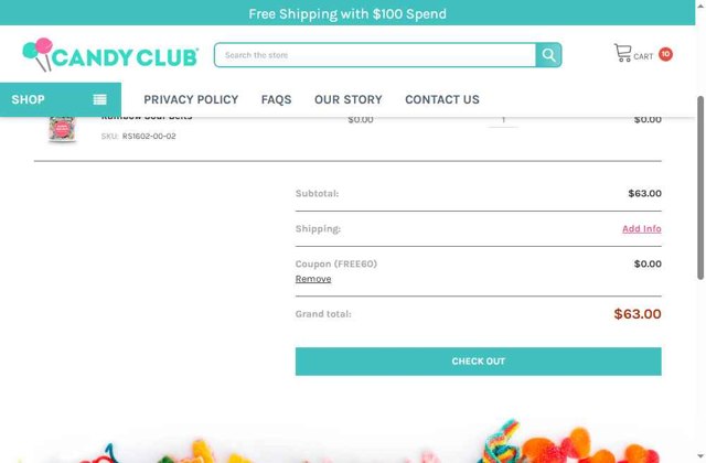 Candy Club checkout page showing Candy Club promo code box | Screenshot taken by SimplyCodes community member on Jul 21, 2025