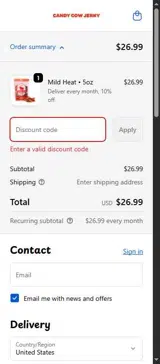 Candy Cow Jerky coupon verification screenshot