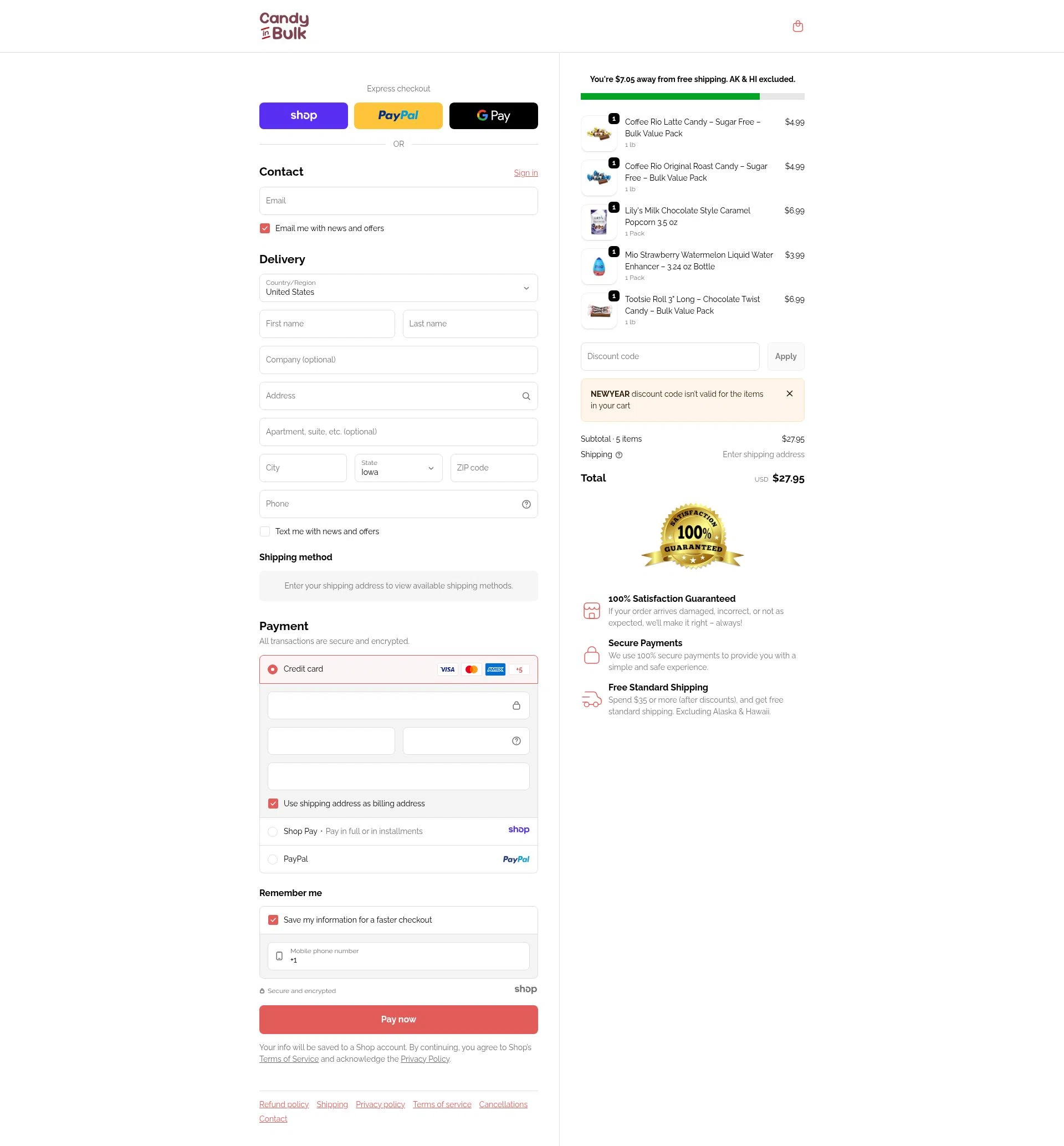 Candy In Bulk checkout page showing Candy In Bulk promo code box | Screenshot taken by SimplyCodes community member on Jan 1, 2026