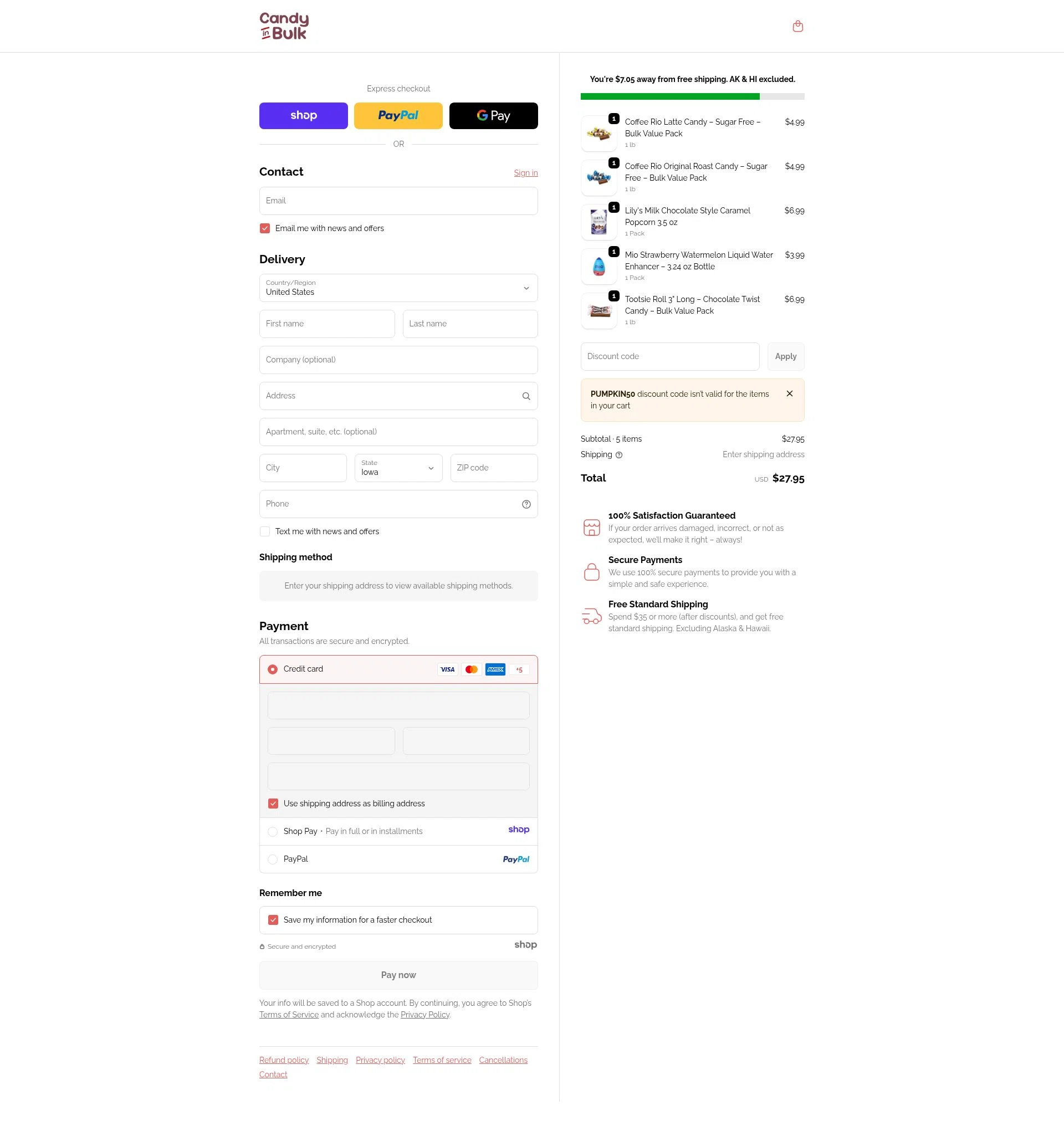 Candy In Bulk checkout page showing Candy In Bulk promo code box | Screenshot taken by SimplyCodes community member on Jan 6, 2026