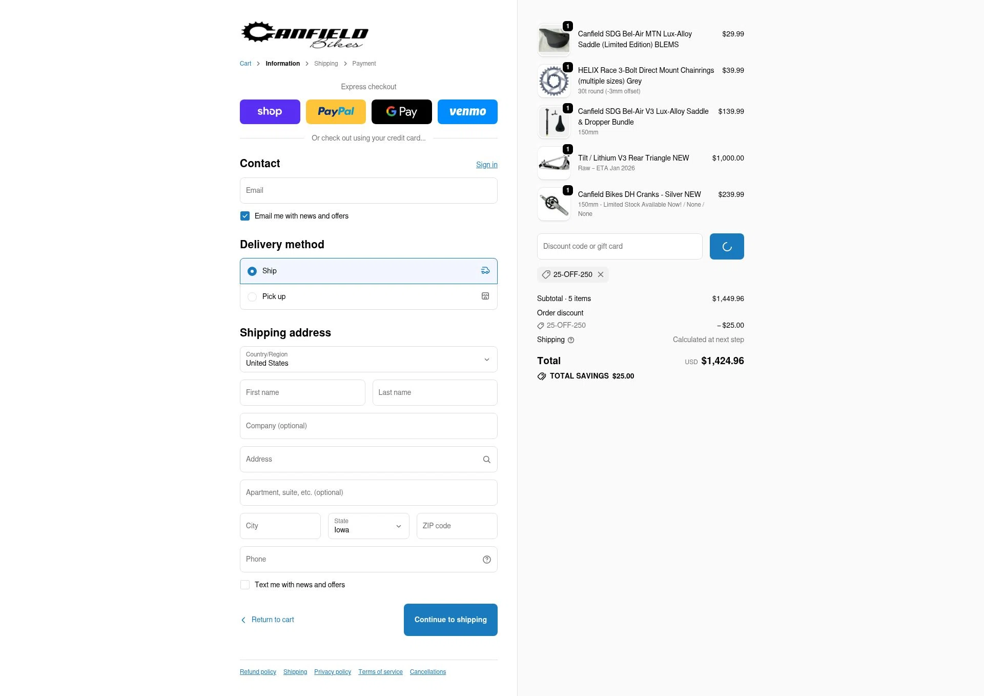Canfield Bikes checkout page showing Canfield Bikes promo code box | Screenshot taken by SimplyCodes community member on Jan 10, 2026