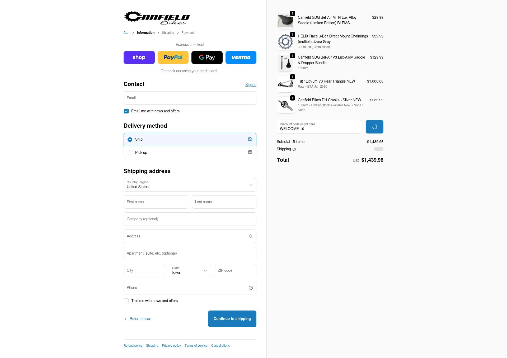 Canfield Bikes checkout page showing Canfield Bikes promo code box | Screenshot taken by SimplyCodes community member on Dec 20, 2025