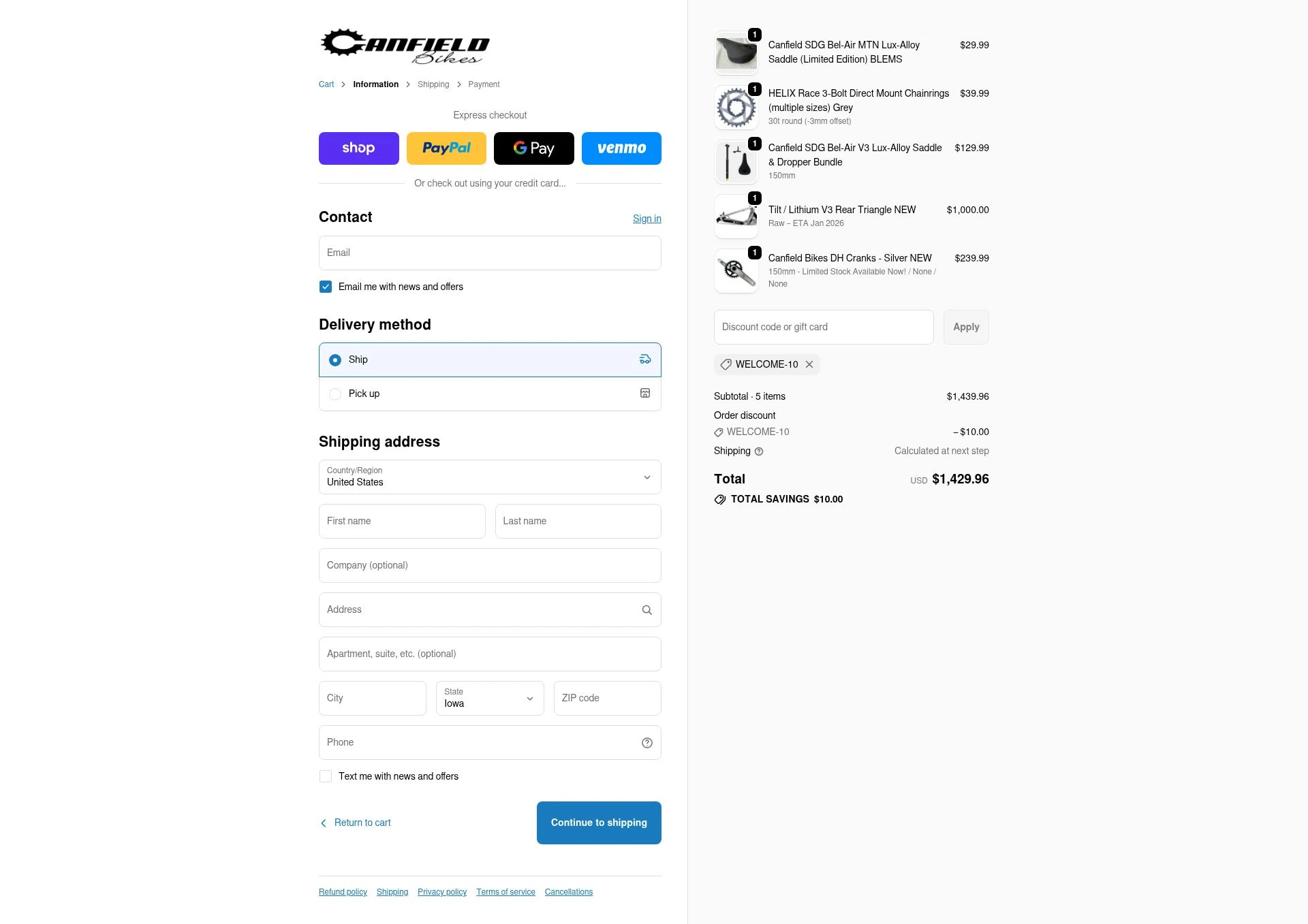 Canfield Bikes checkout page showing Canfield Bikes promo code box | Screenshot taken by SimplyCodes community member on Dec 30, 2025