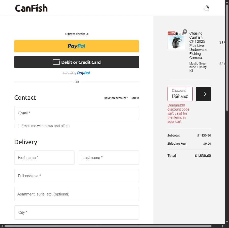 CanFish checkout page showing CanFish promo code box | Screenshot taken by SimplyCodes community member on Jan 10, 2026