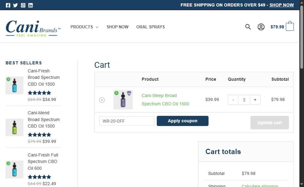CaniBrands checkout page showing CaniBrands promo code box | Screenshot taken by SimplyCodes community member on Jun 29, 2025