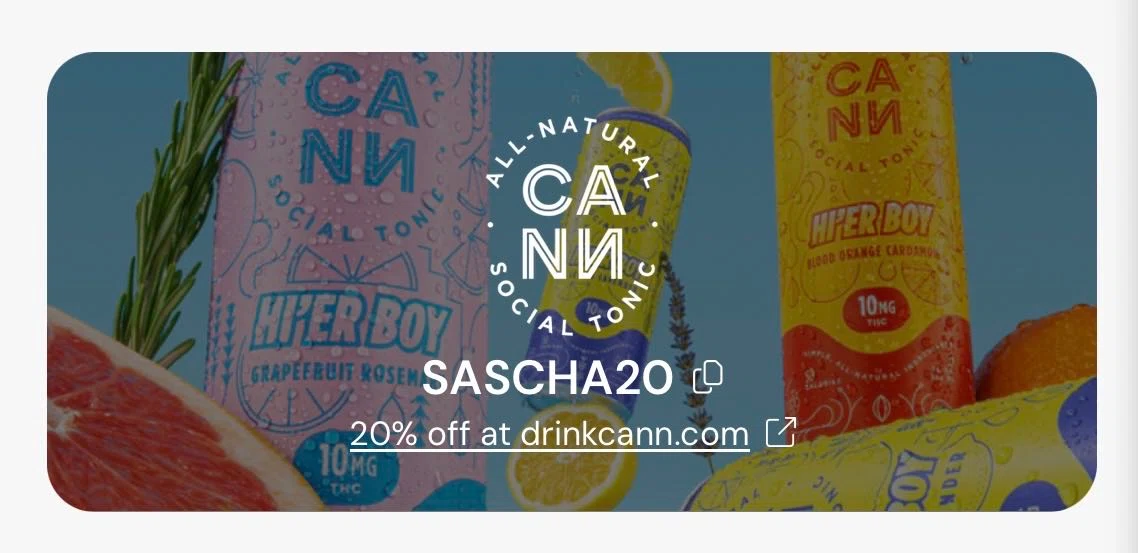 Cann discount code screenshot showing code SASCHA20 applied at Cann checkout page. Uploaded by SimplyCodes community member anakinesse on Feb 10, 2026