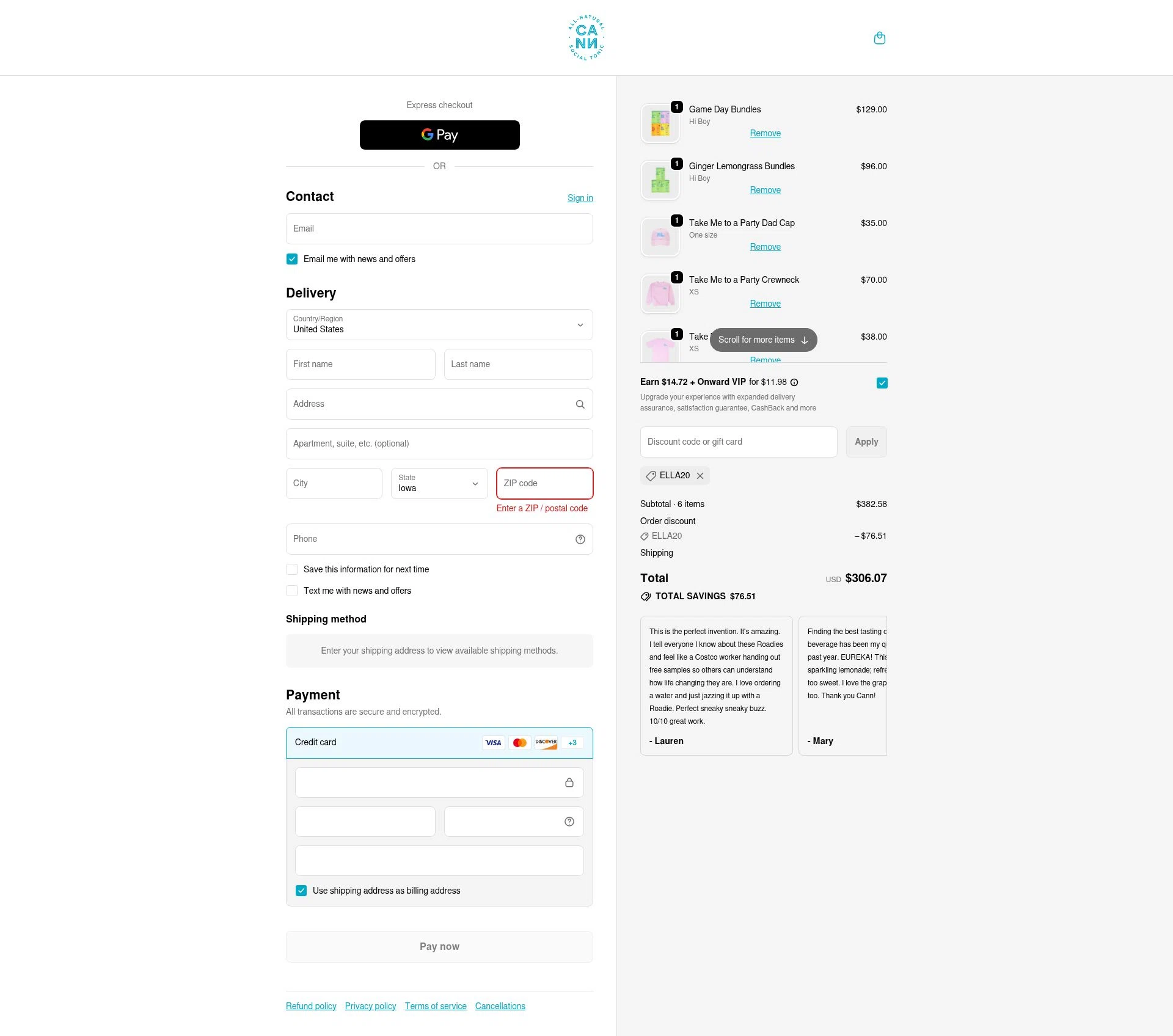 Cann checkout page showing Cann discount code box | Screenshot taken by SimplyCodes community member on Feb 9, 2026