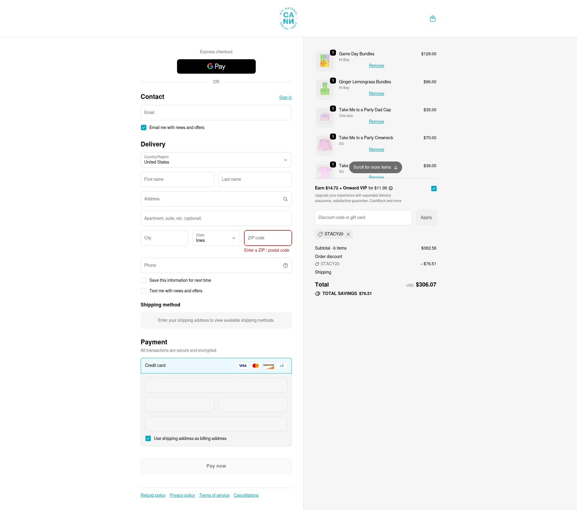 Cann checkout page showing Cann discount code box | Screenshot taken by SimplyCodes community member on Feb 9, 2026