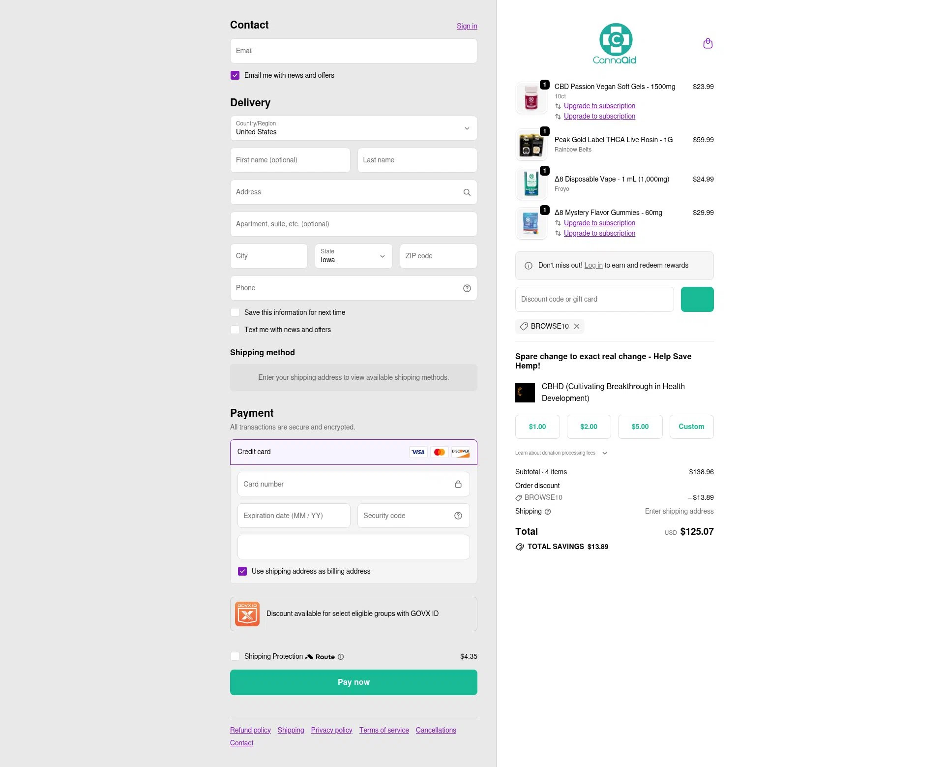 CannaAid checkout page showing CannaAid coupon code box | Screenshot taken by SimplyCodes community member on Feb 10, 2026