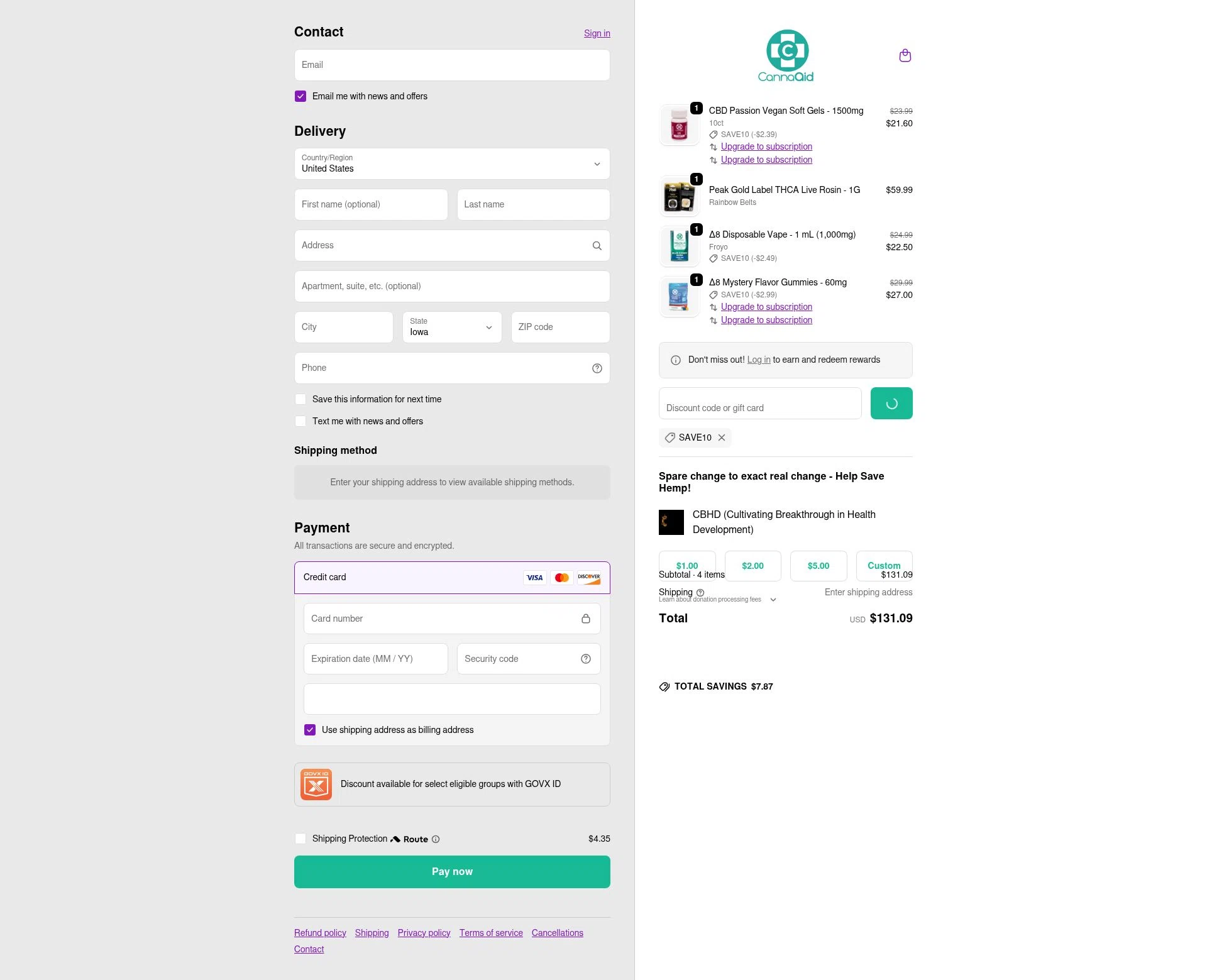CannaAid checkout page showing CannaAid coupon code box | Screenshot taken by SimplyCodes community member on Feb 10, 2026
