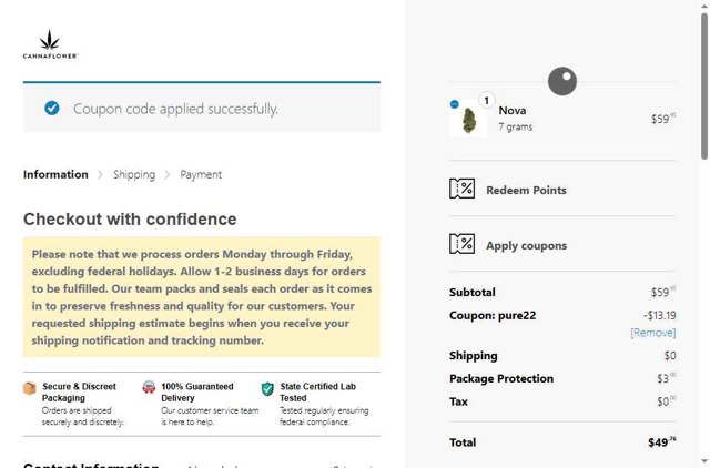 Cannaflower checkout page showing Cannaflower coupon code box | Screenshot taken by SimplyCodes community member on Aug 8, 2025