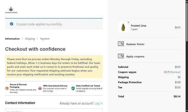 Cannaflower checkout page showing Cannaflower coupon code box | Screenshot taken by SimplyCodes community member on Aug 8, 2025