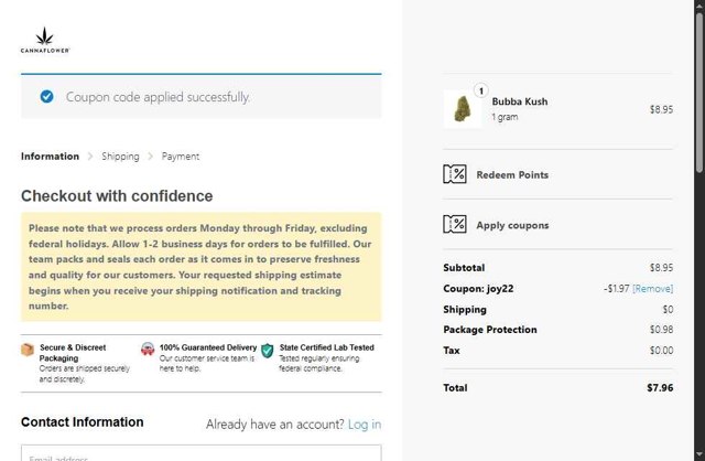 Cannaflower checkout page showing Cannaflower coupon code box | Screenshot taken by SimplyCodes community member on Sep 5, 2025