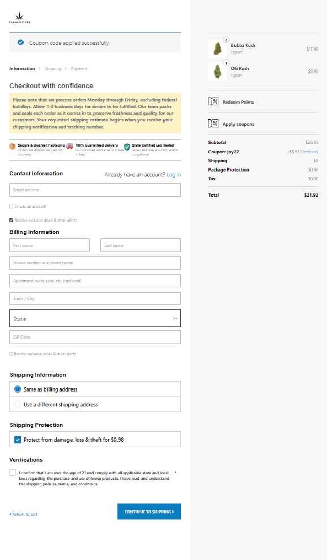 Cannaflower checkout page showing Cannaflower coupon code box | Screenshot taken by SimplyCodes community member on Sep 5, 2025