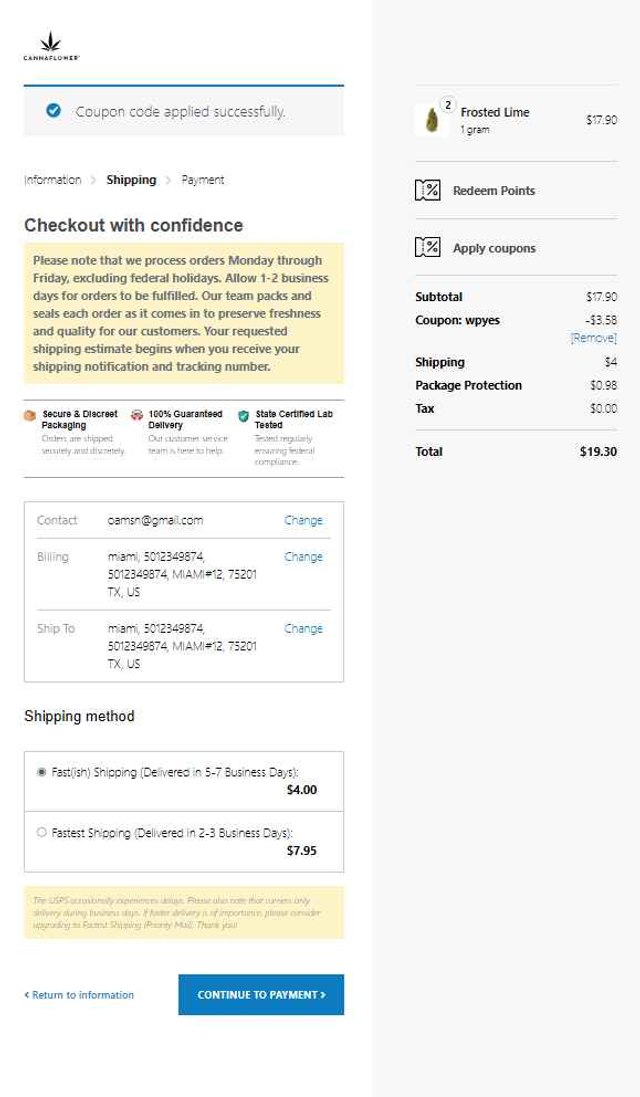 Cannaflower checkout page showing Cannaflower coupon code box | Screenshot taken by SimplyCodes community member on Sep 6, 2025