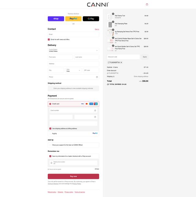 CANNI checkout page showing CANNI discount code box | Screenshot taken by SimplyCodes community member on Sep 15, 2025