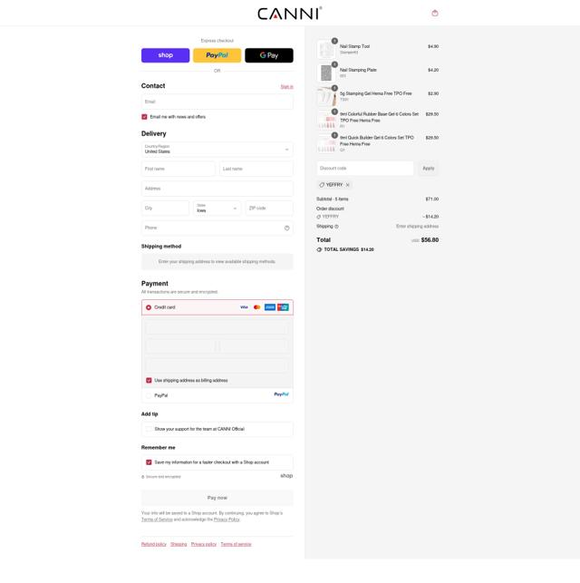 CANNI checkout page showing CANNI discount code box | Screenshot taken by SimplyCodes community member on Sep 15, 2025