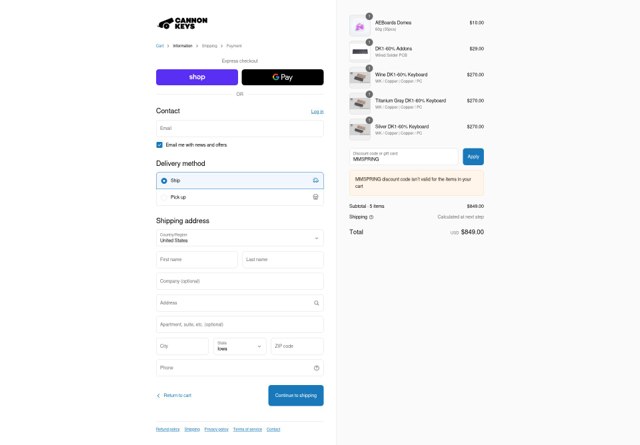 CannonKeys checkout page showing CannonKeys discount code box | Screenshot taken by SimplyCodes community member on Aug 31, 2025