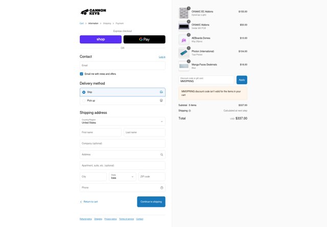 CannonKeys checkout page showing CannonKeys discount code box | Screenshot taken by SimplyCodes community member on Sep 4, 2025