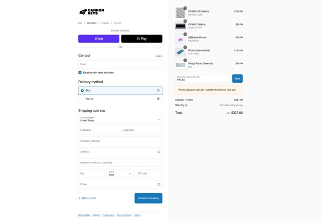 CannonKeys checkout page showing CannonKeys discount code box | Screenshot taken by SimplyCodes community member on Sep 4, 2025