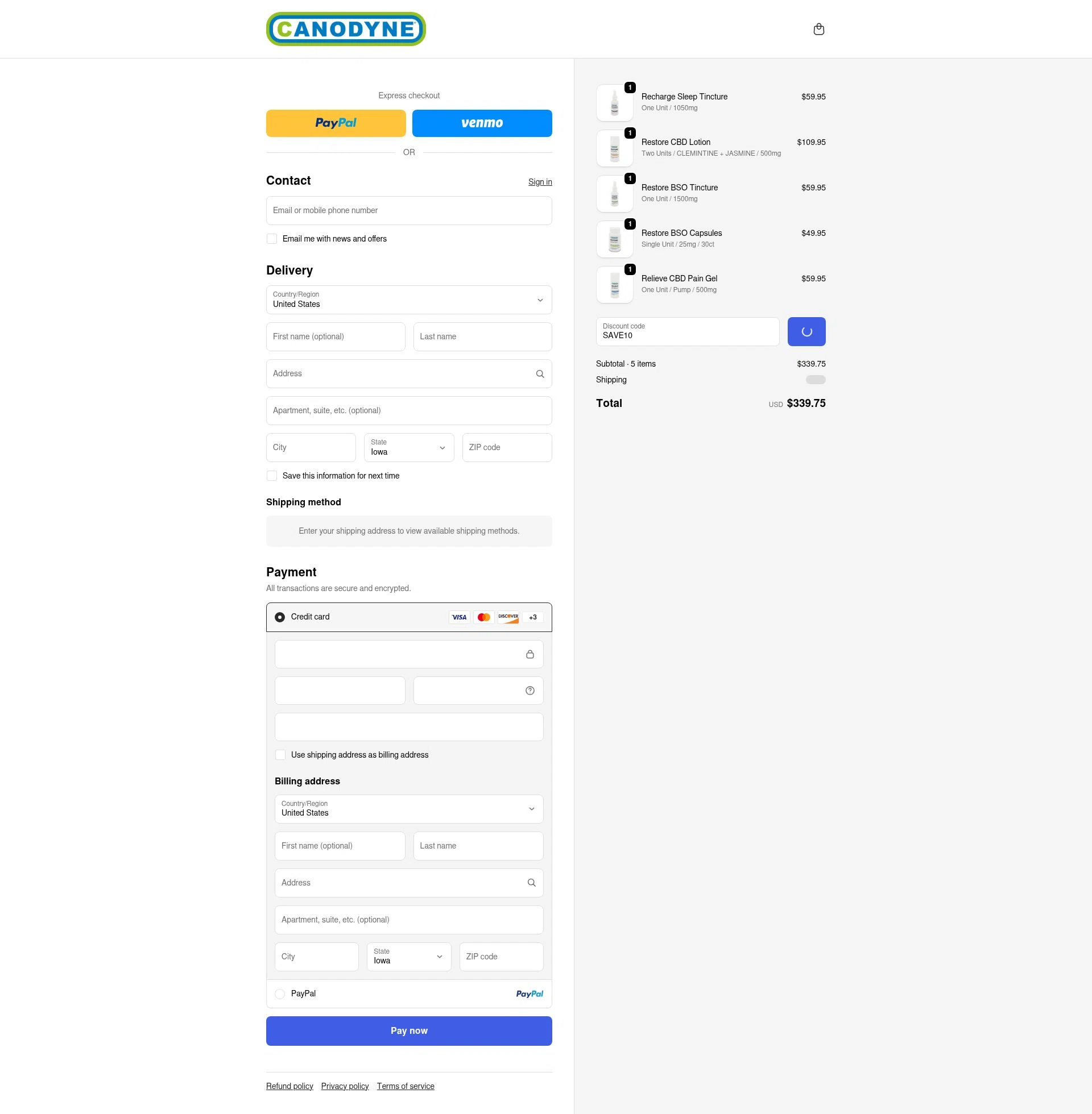 Canodyne CBD checkout page showing Canodyne CBD promo code box | Screenshot taken by SimplyCodes community member on Jan 8, 2026