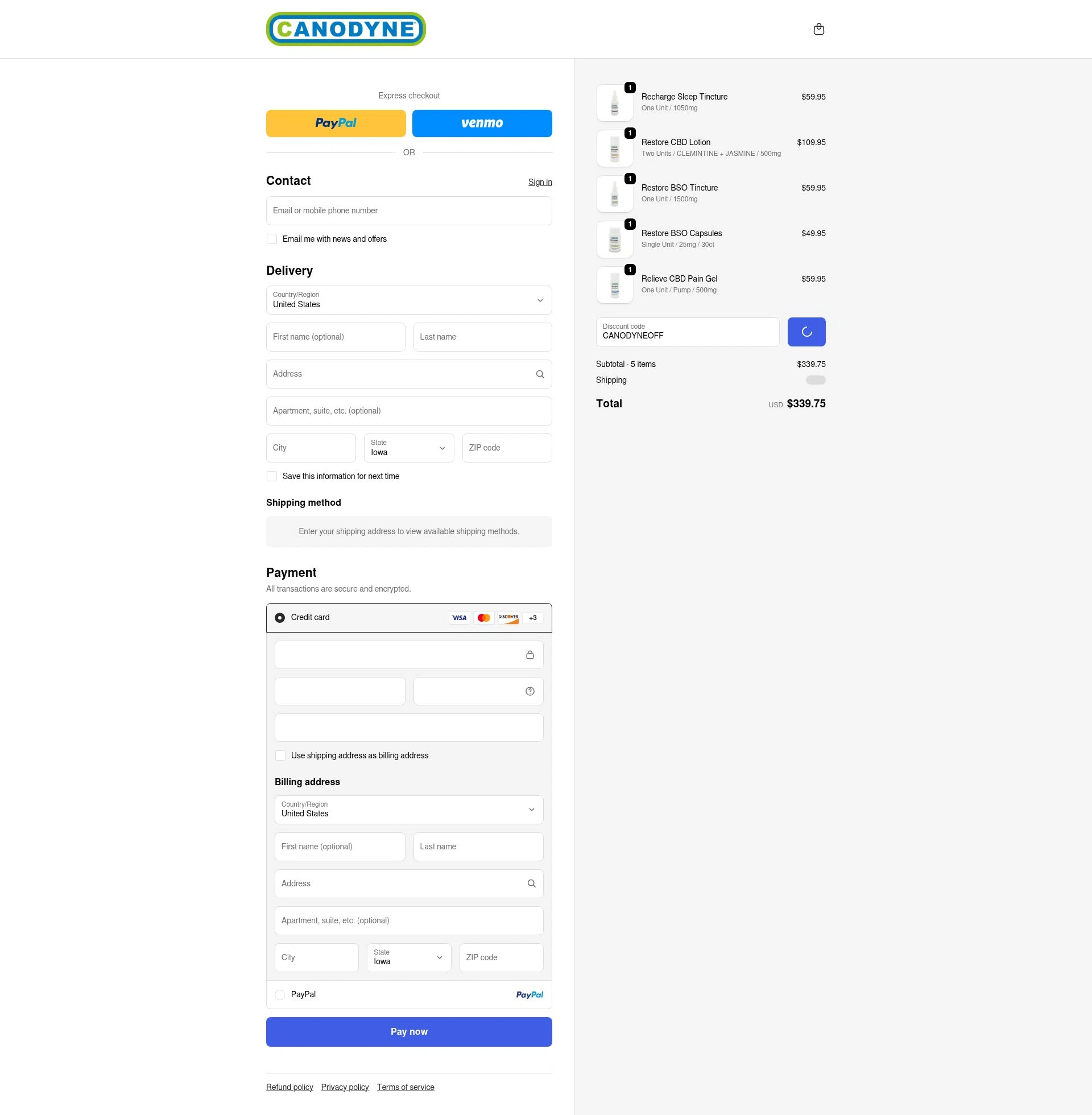 Canodyne CBD checkout page showing Canodyne CBD promo code box | Screenshot taken by SimplyCodes community member on Jan 8, 2026