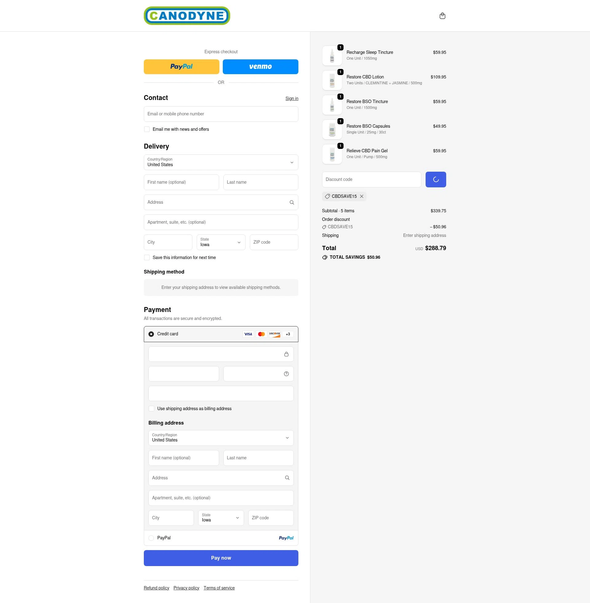 Canodyne CBD checkout page showing Canodyne CBD promo code box | Screenshot taken by SimplyCodes community member on Jan 8, 2026