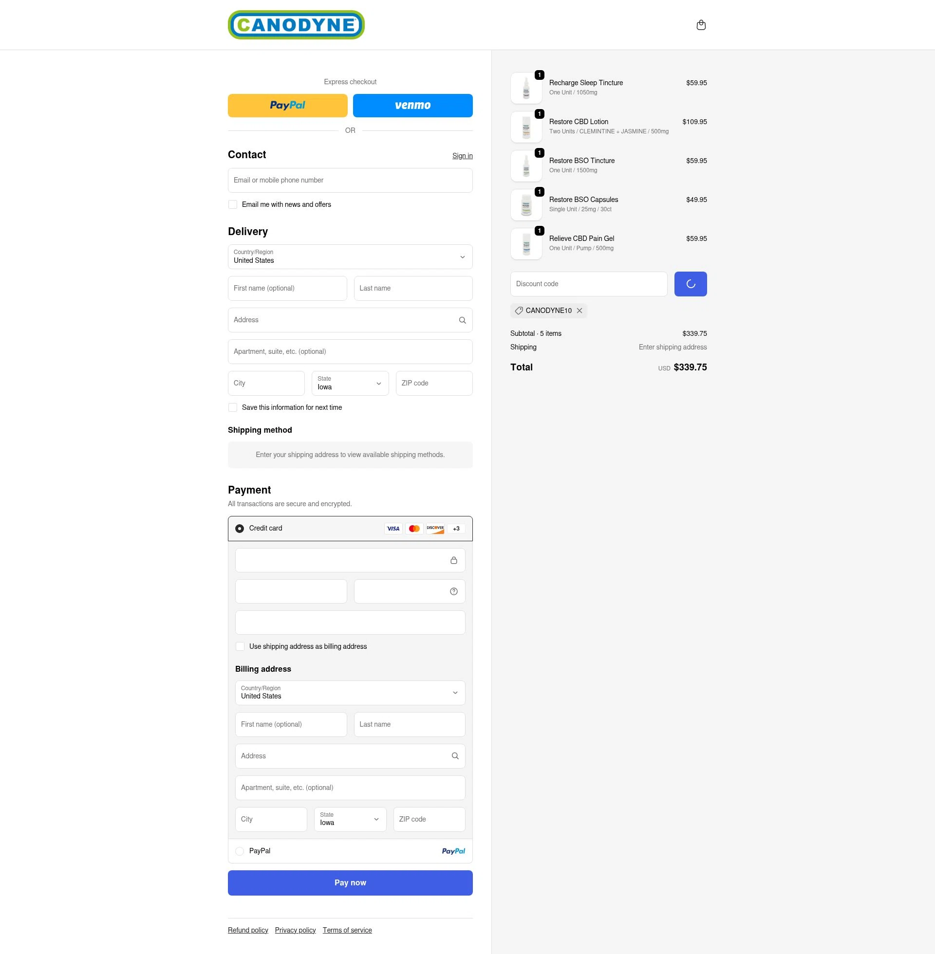 Canodyne CBD checkout page showing Canodyne CBD promo code box | Screenshot taken by SimplyCodes community member on Jan 8, 2026