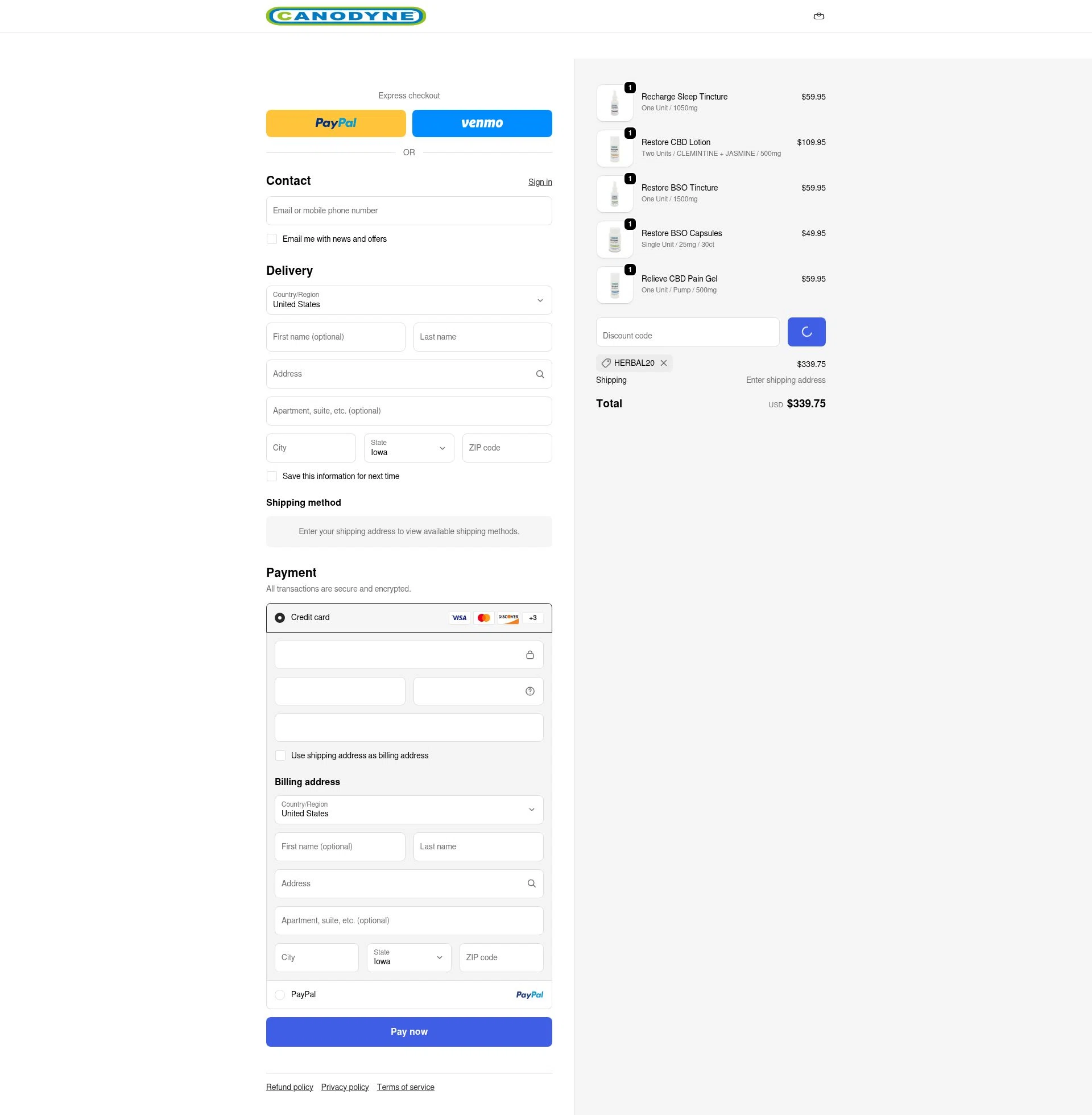 Canodyne CBD checkout page showing Canodyne CBD promo code box | Screenshot taken by SimplyCodes community member on Jan 8, 2026