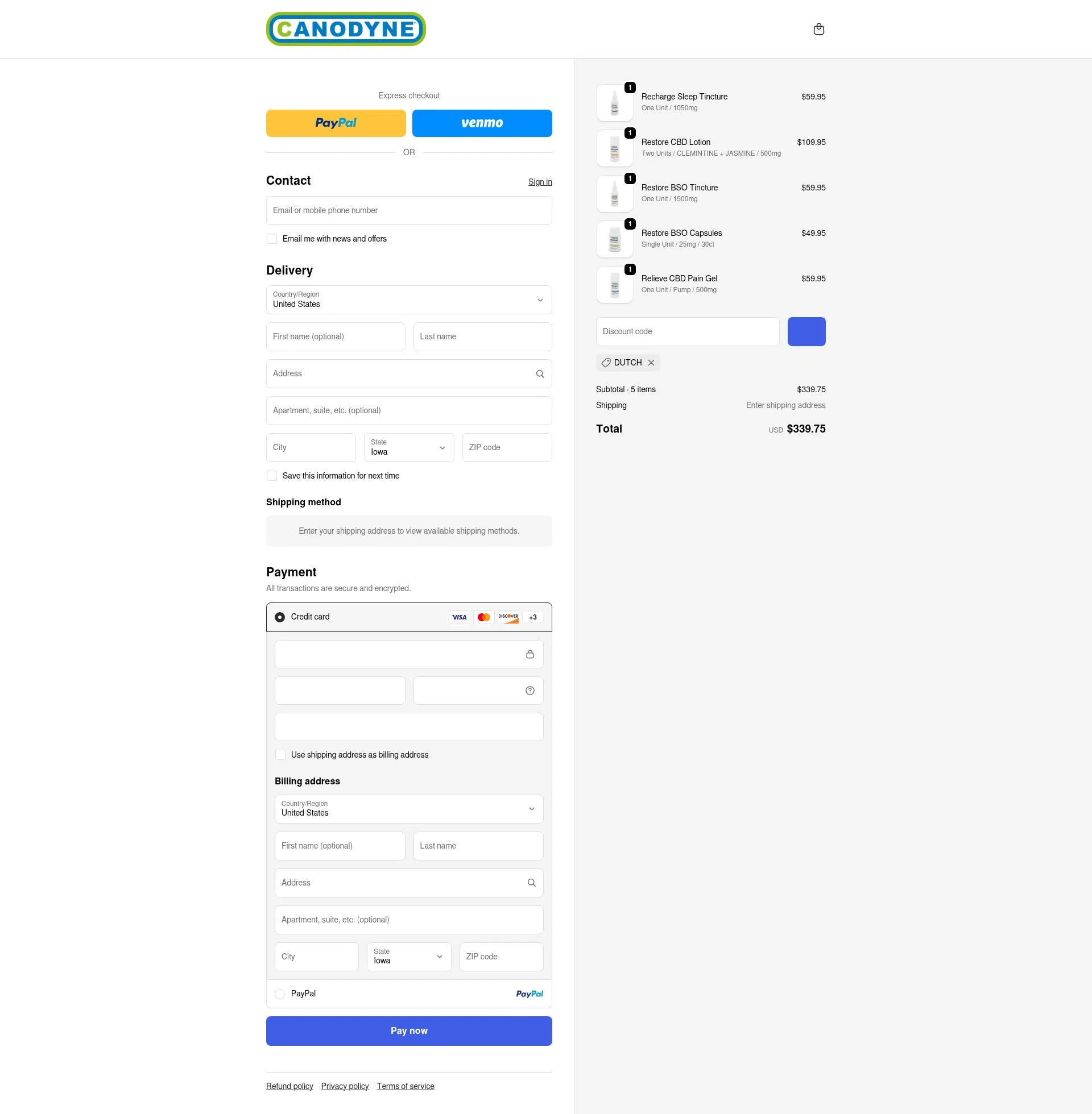 Canodyne CBD checkout page showing Canodyne CBD promo code box | Screenshot taken by SimplyCodes community member on Jan 8, 2026