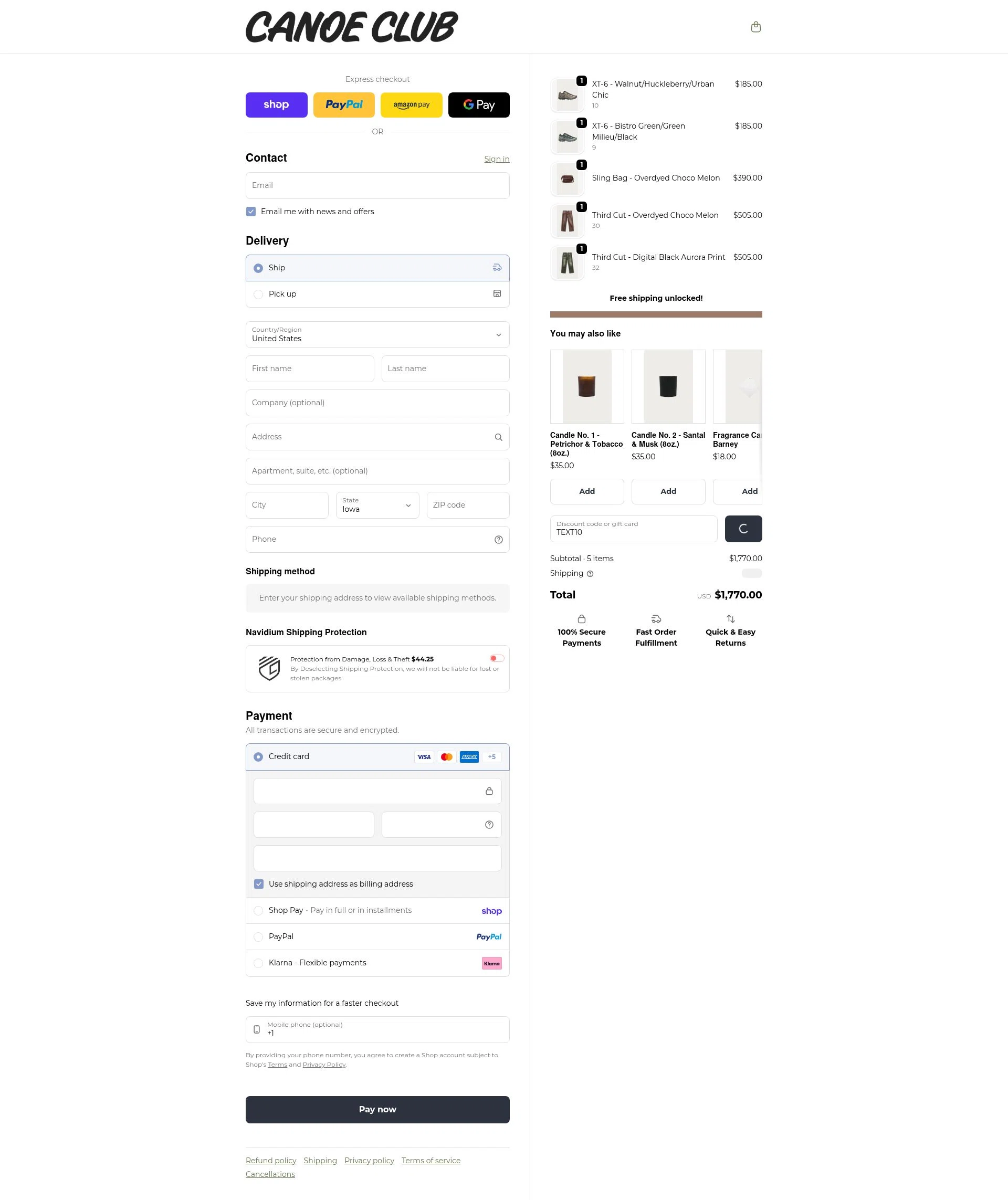 Canoe Club checkout page showing Canoe Club discount code box | Screenshot taken by SimplyCodes community member on Feb 5, 2026