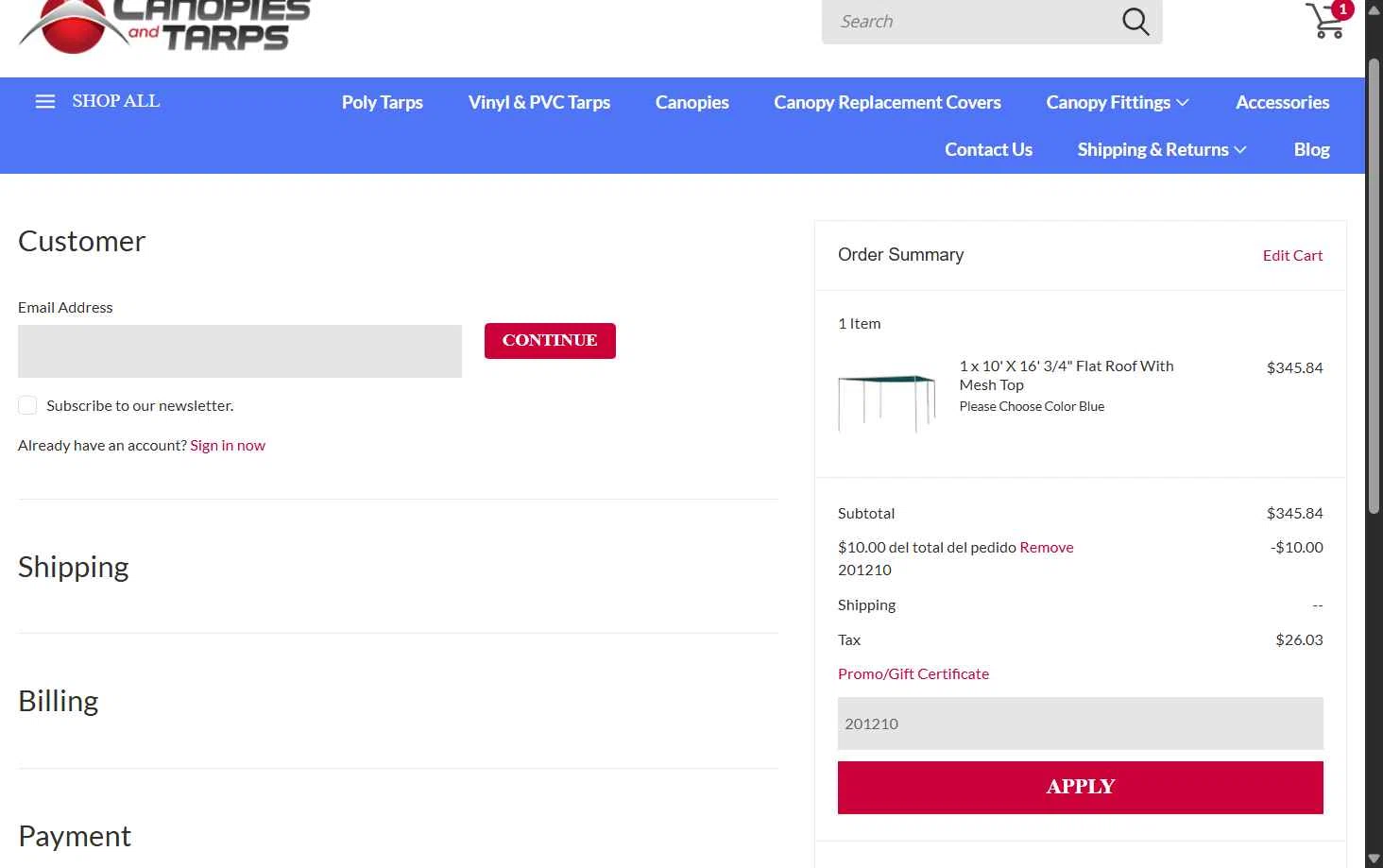 CanopiesAndTarps checkout page showing CanopiesAndTarps promo code box | Screenshot taken by SimplyCodes community member on Dec 13, 2025