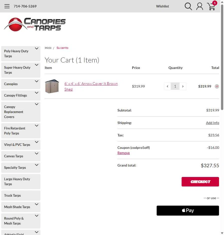 CanopiesAndTarps checkout page showing CanopiesAndTarps promo code box | Screenshot taken by SimplyCodes community member on Sep 28, 2025