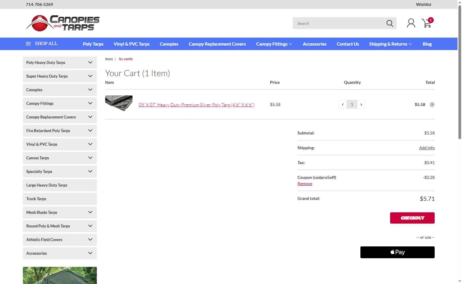 CanopiesAndTarps checkout page showing CanopiesAndTarps promo code box | Screenshot taken by SimplyCodes community member on Aug 1, 2025