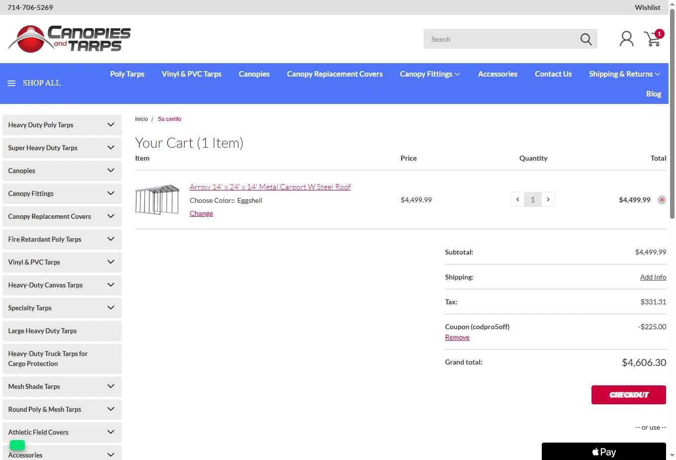 CanopiesAndTarps checkout page showing CanopiesAndTarps promo code box | Screenshot taken by SimplyCodes community member on Nov 25, 2025