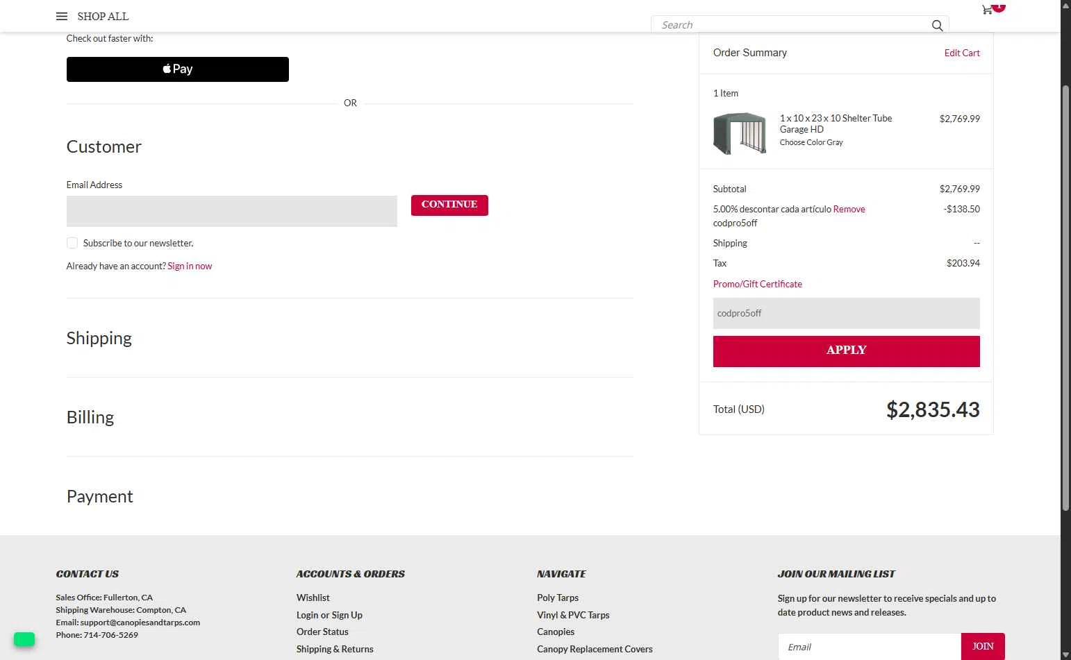CanopiesAndTarps checkout page showing CanopiesAndTarps promo code box | Screenshot taken by SimplyCodes community member on Aug 30, 2025