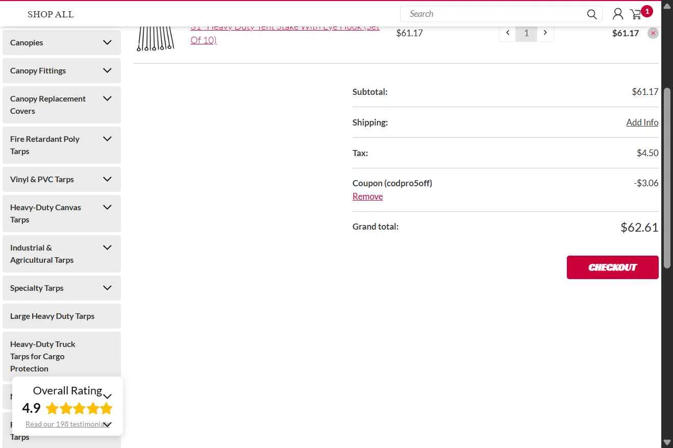 CanopiesAndTarps checkout page showing CanopiesAndTarps promo code box | Screenshot taken by SimplyCodes community member on Jan 22, 2026