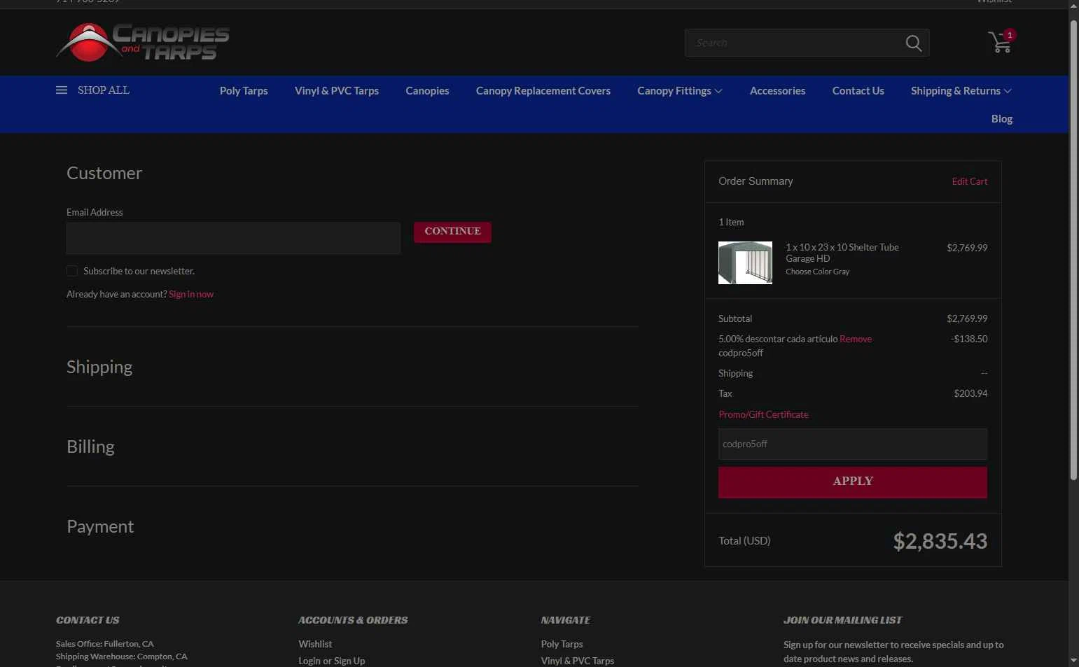 CanopiesAndTarps checkout page showing CanopiesAndTarps promo code box | Screenshot taken by SimplyCodes community member on Dec 24, 2025