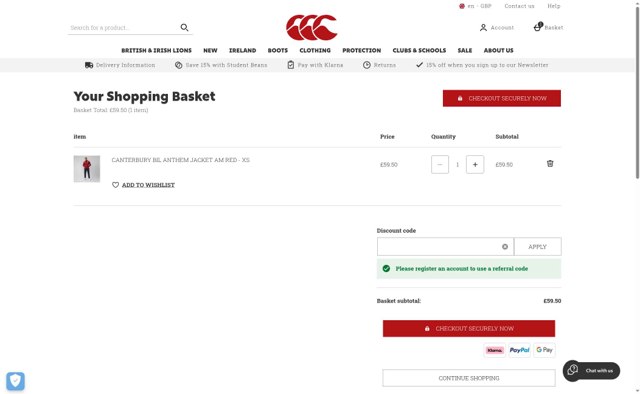 Canterbury.com checkout page showing Canterbury.com discount code box | Screenshot taken by SimplyCodes community member on Aug 8, 2025