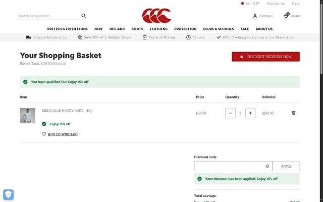 Canterbury.com checkout page showing Canterbury.com discount code box | Screenshot taken by SimplyCodes community member on Aug 5, 2025